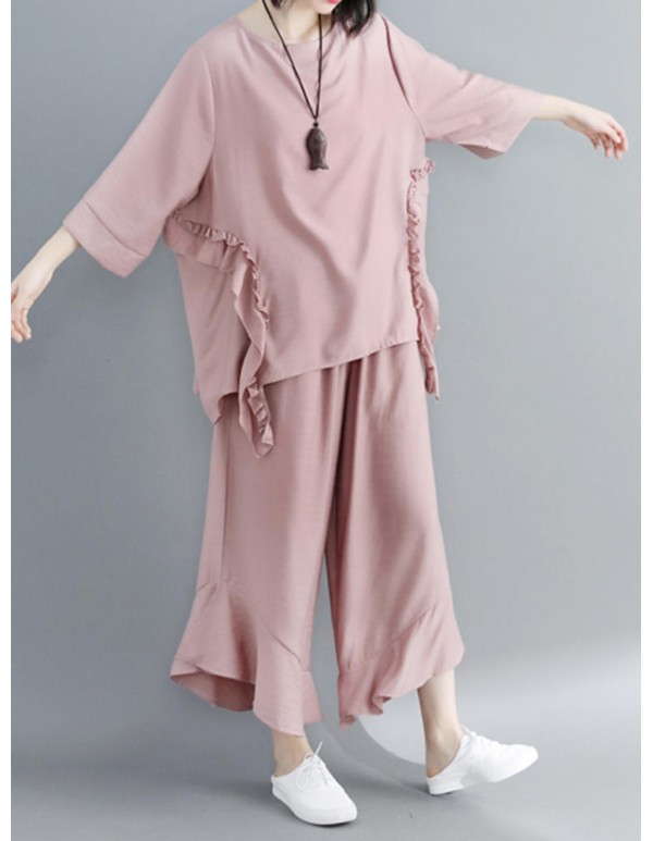 Women Fashion Ruffles Blouse and Pants Suit