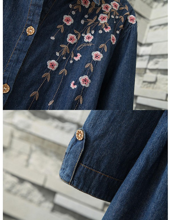 Vintage Floral Embroidery Denim  Fashion Women Long Sleeve  Casual Shirts