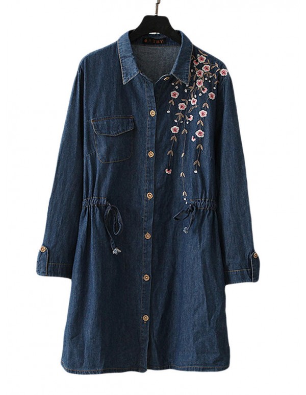 Vintage Floral Embroidery Denim  Fashion Women Long Sleeve  Casual Shirts