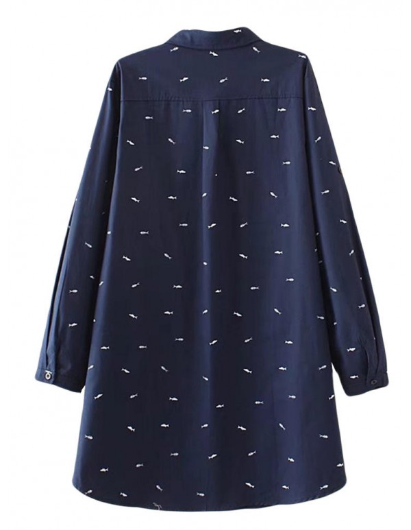 Plus Size Casual Women Cartoon Fish Print Turn-down Collar Long Sleeve Blouse