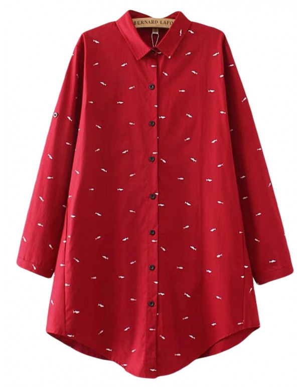 Plus Size Casual Women Cartoon Fish Print Turn-down Collar Long Sleeve Blouse