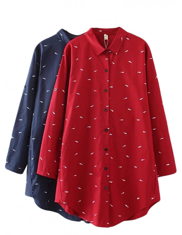Plus Size Casual Women Cartoon Fish Print Turn-down Collar Long Sleeve Blouse
