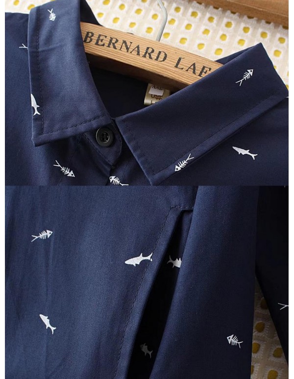 Plus Size Casual Women Cartoon Fish Print Turn-down Collar Long Sleeve Blouse