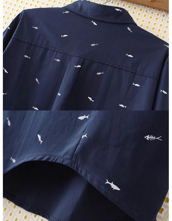 Plus Size Casual Women Cartoon Fish Print Turn-down Collar Long Sleeve Blouse