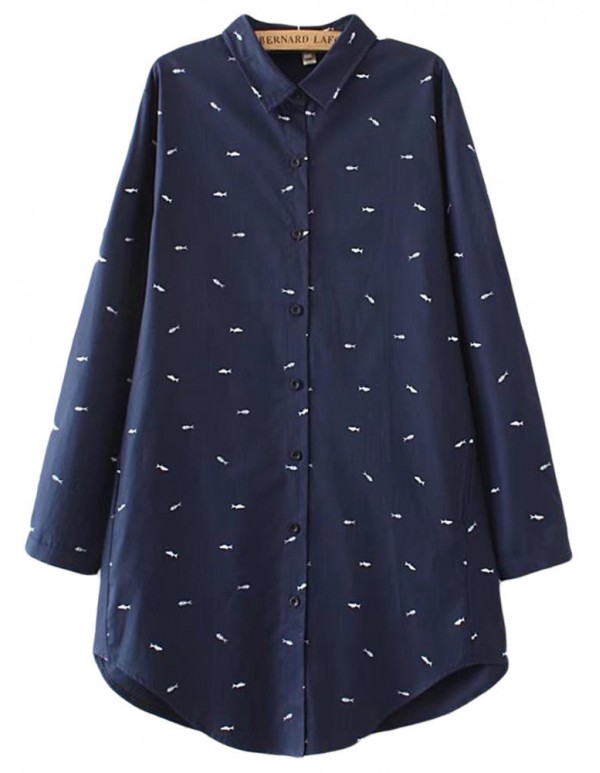 Plus Size Casual Women Cartoon Fish Print Turn-down Collar Long Sleeve Blouse
