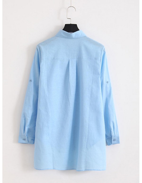Plus Size Loose Women Solid Color Turn-down Collar Long Sleeve Blouse Shirt