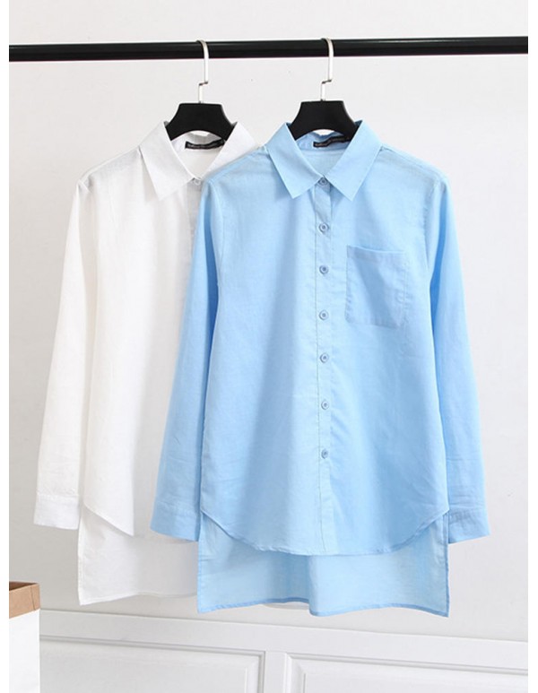 Plus Size Loose Women Solid Color Turn-down Collar Long Sleeve Blouse Shirt