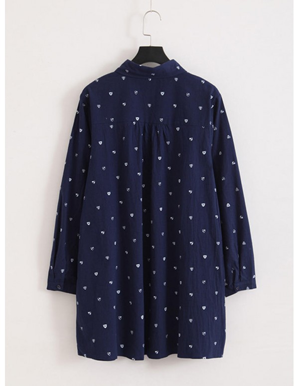 Plus Size Loose Women Cartoon Print Turn-down Collar Long Sleeve Blouse Shirt