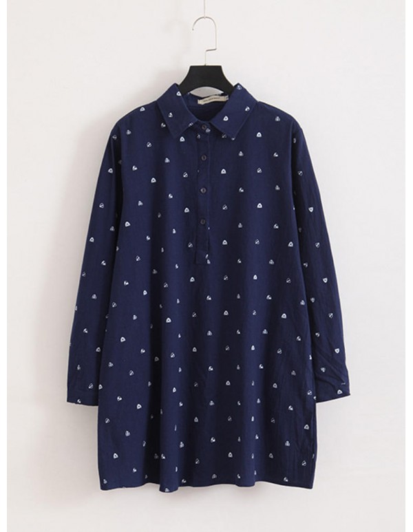 Plus Size Loose Women Cartoon Print Turn-down Collar Long Sleeve Blouse Shirt