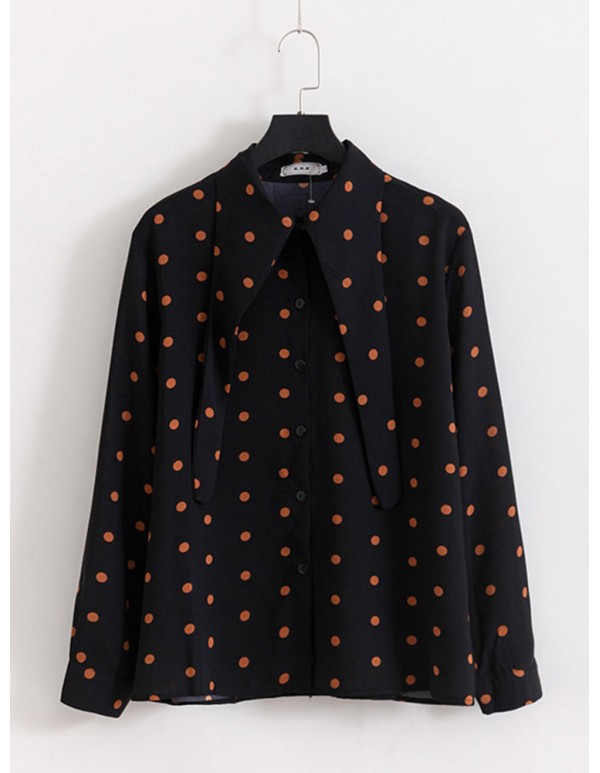 Elegant Polka Dot Turndown Collar Chiffon Long Sleeve Casual Blouse