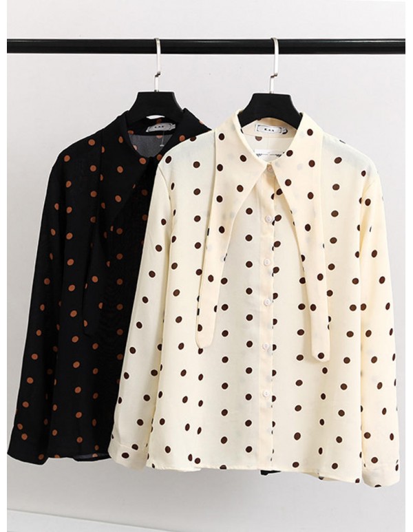 Elegant Polka Dot Turndown Collar Chiffon Long Sleeve Casual Blouse