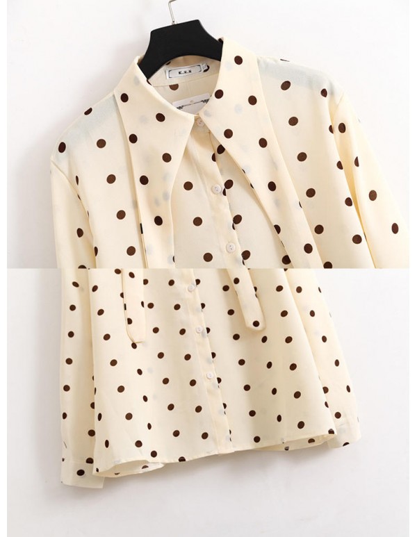 Elegant Polka Dot Turndown Collar Chiffon Long Sleeve Casual Blouse