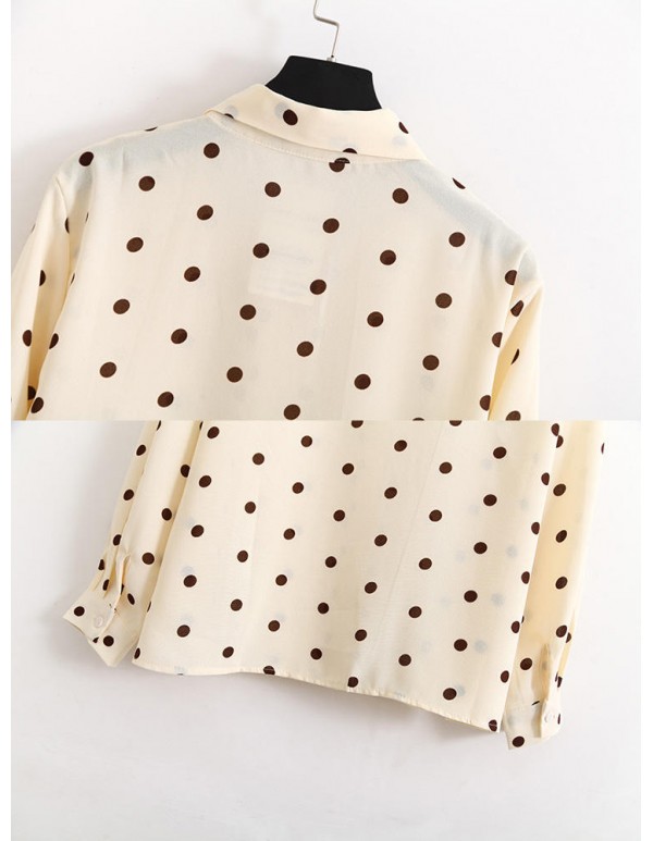 Elegant Polka Dot Turndown Collar Chiffon Long Sleeve Casual Blouse