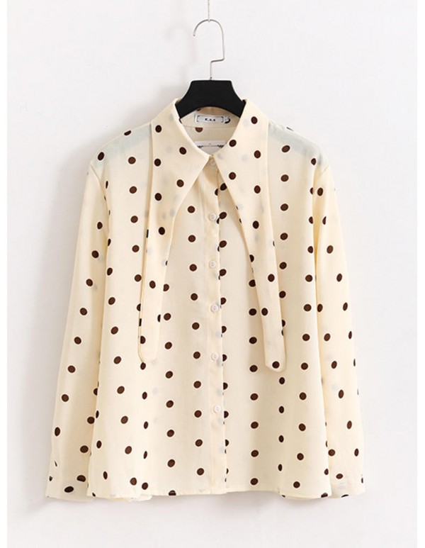 Elegant Polka Dot Turndown Collar Chiffon Long Sleeve Casual Blouse