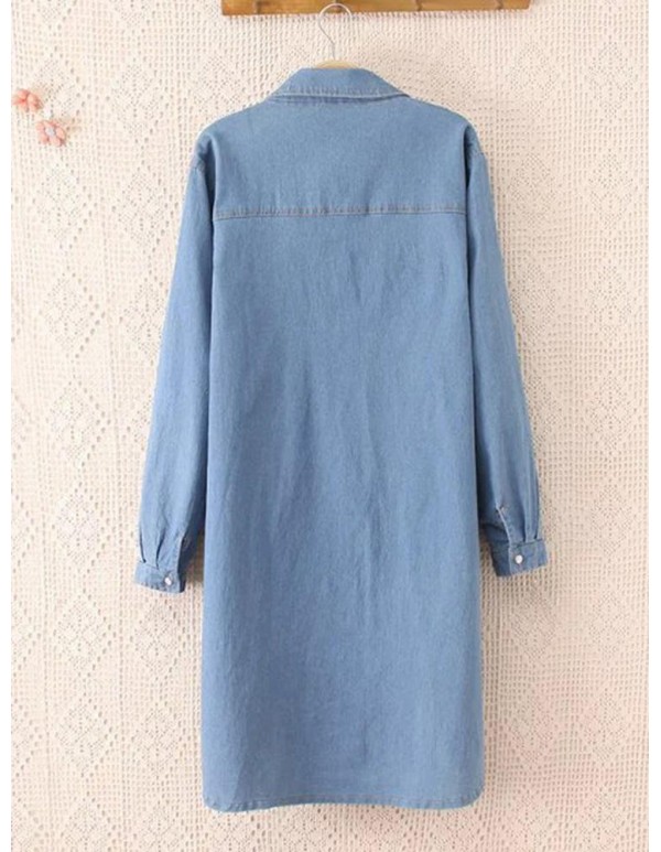 Oversized Denim Turn-down Collar Long Sleeve Casual Women Blouse