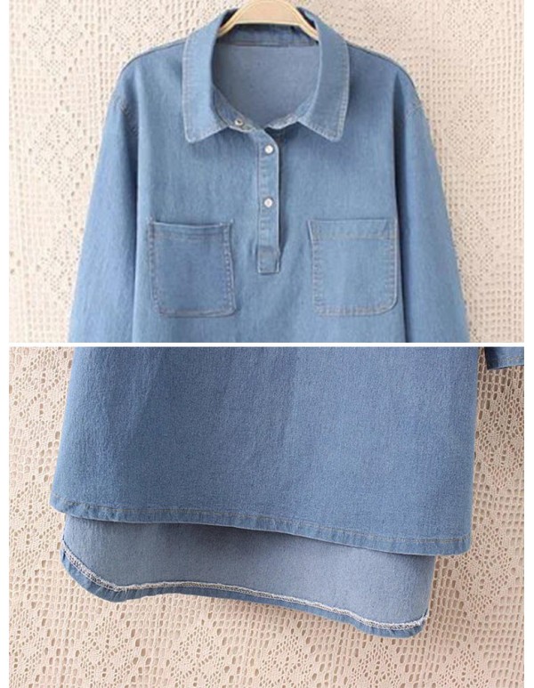 Oversized Denim Turn-down Collar Long Sleeve Casual Women Blouse
