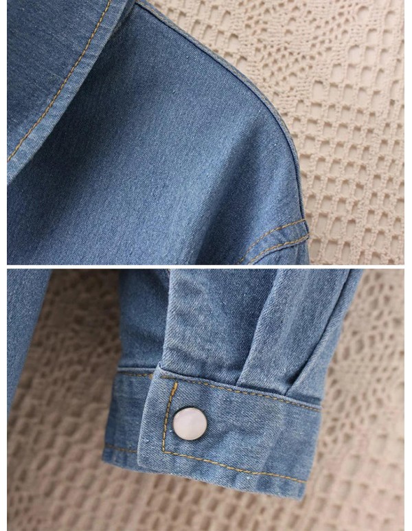 Oversized Denim Turn-down Collar Long Sleeve Casual Women Blouse