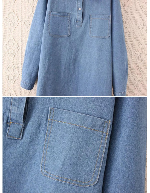 Oversized Denim Turn-down Collar Long Sleeve Casual Women Blouse