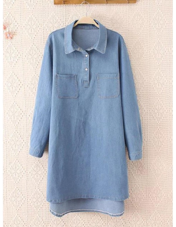 Oversized Denim Turn-down Collar Long Sleeve Casual Women Blouse