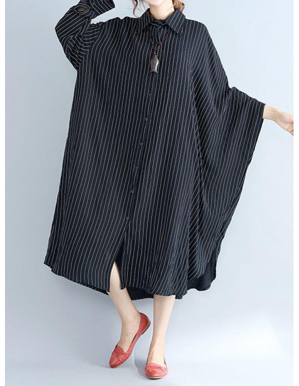 Plus Size Women Loose Batwing Sleeves Stripe Shirt Dress