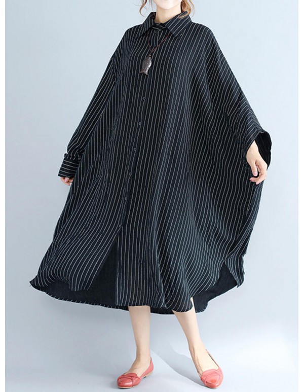 Plus Size Women Loose Batwing Sleeves Stripe Shirt Dress