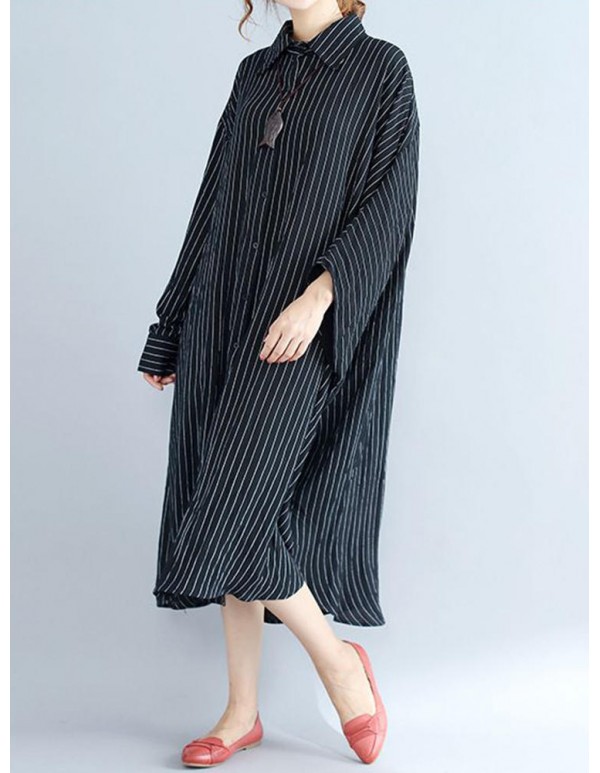 Plus Size Women Loose Batwing Sleeves Stripe Shirt Dress