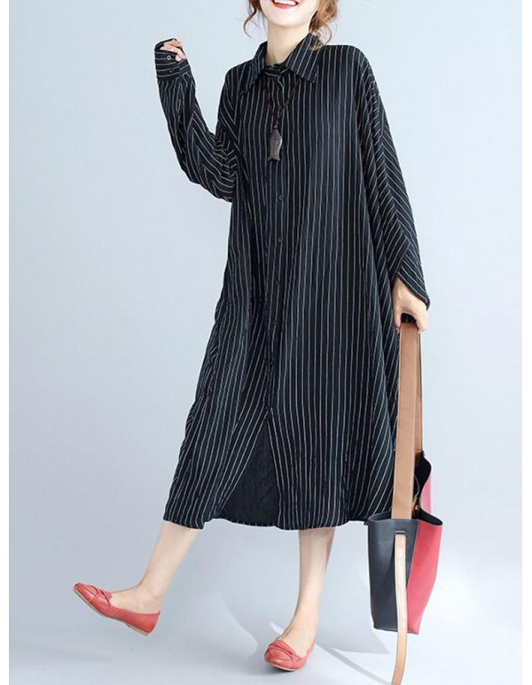 Plus Size Women Loose Batwing Sleeves Stripe Shirt Dress