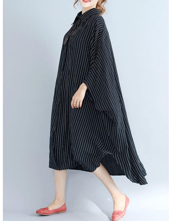 Plus Size Women Loose Batwing Sleeves Stripe Shirt Dress