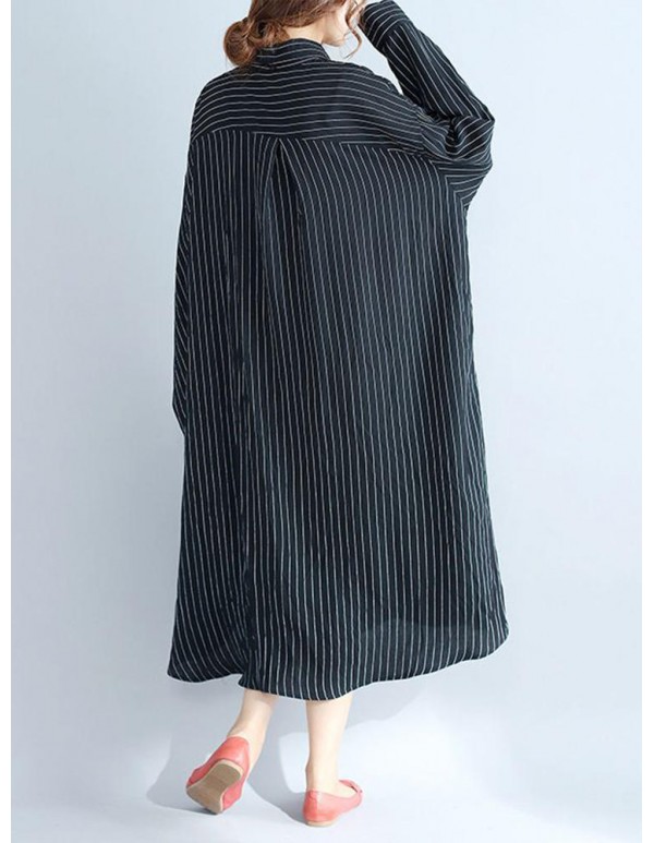 Plus Size Women Loose Batwing Sleeves Stripe Shirt Dress