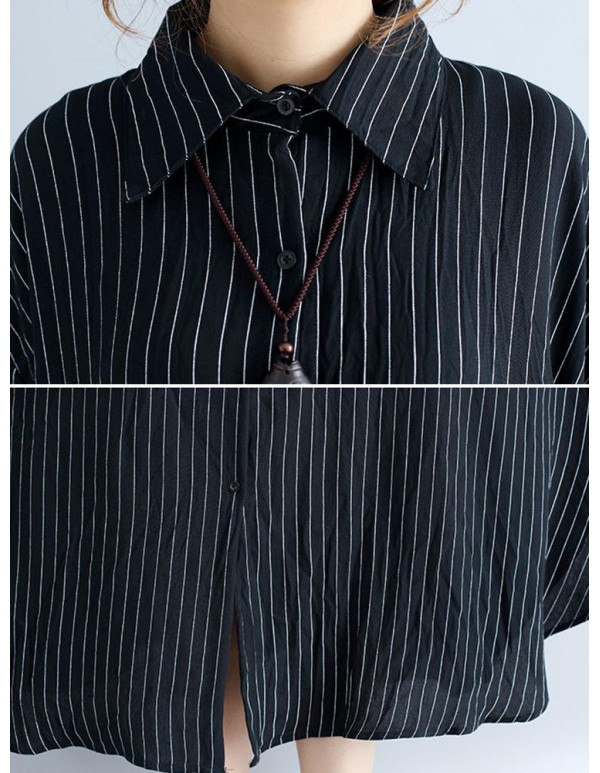 Plus Size Women Loose Batwing Sleeves Stripe Shirt Dress