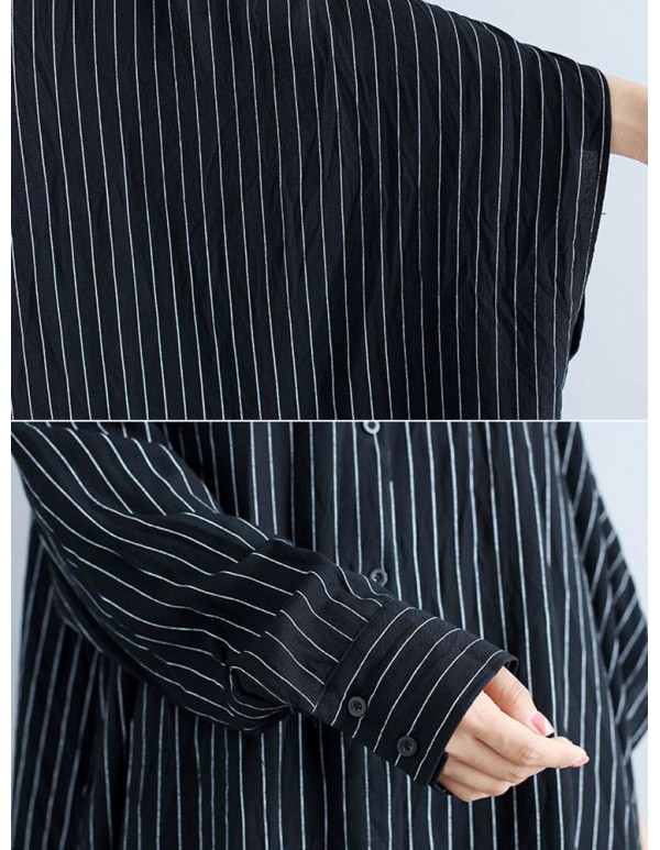 Plus Size Women Loose Batwing Sleeves Stripe Shirt Dress