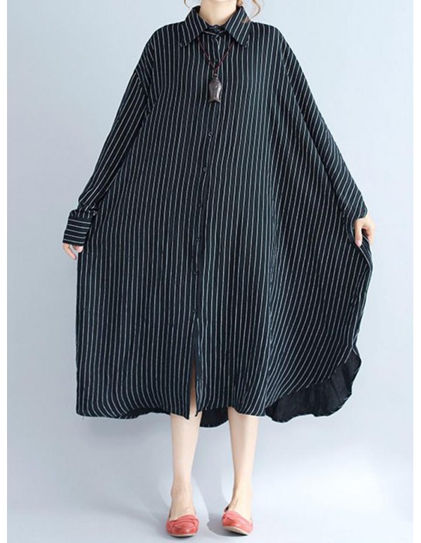 Plus Size Women Loose Batwing Sleeves Stripe Shirt Dress
