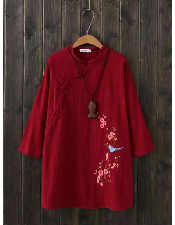 Chinese Style Vintage Crew Neck Frog Button Embroidery Blouse