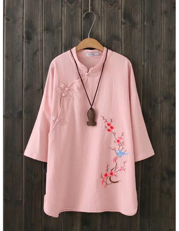 Chinese Style Vintage Crew Neck Frog Button Embroidery Blouse