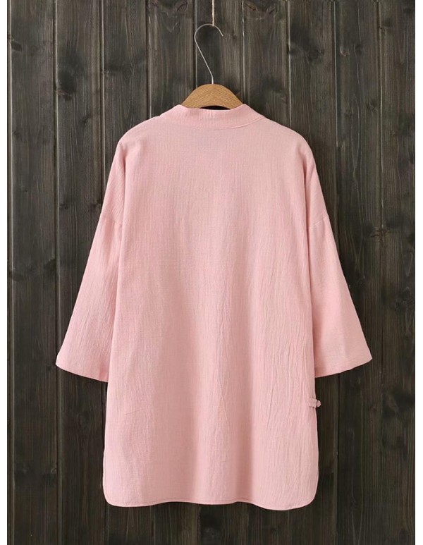Chinese Style Vintage Crew Neck Frog Button Embroidery Blouse