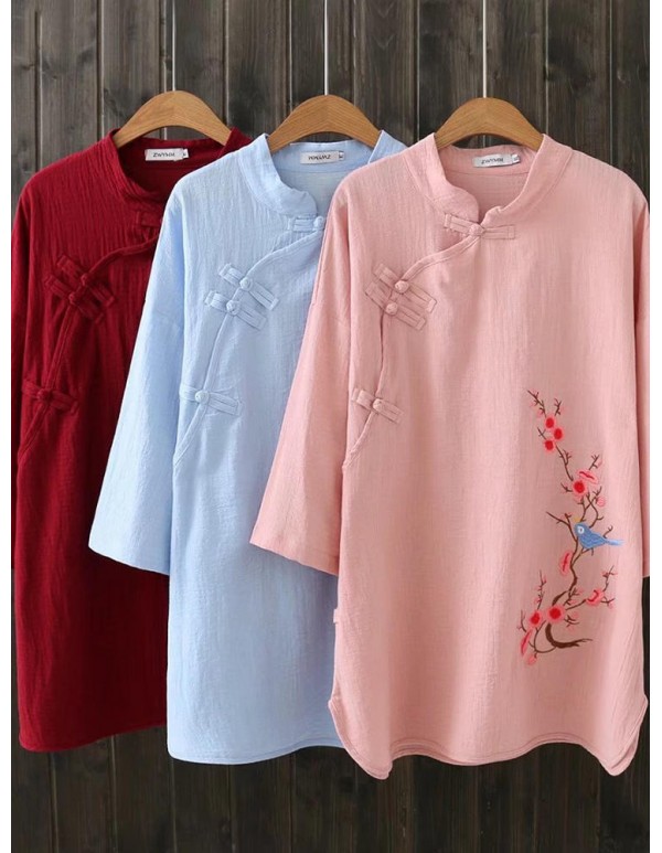 Chinese Style Vintage Crew Neck Frog Button Embroidery Blouse
