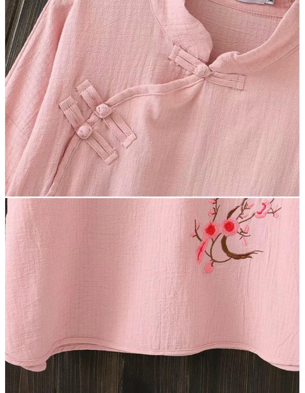 Chinese Style Vintage Crew Neck Frog Button Embroidery Blouse