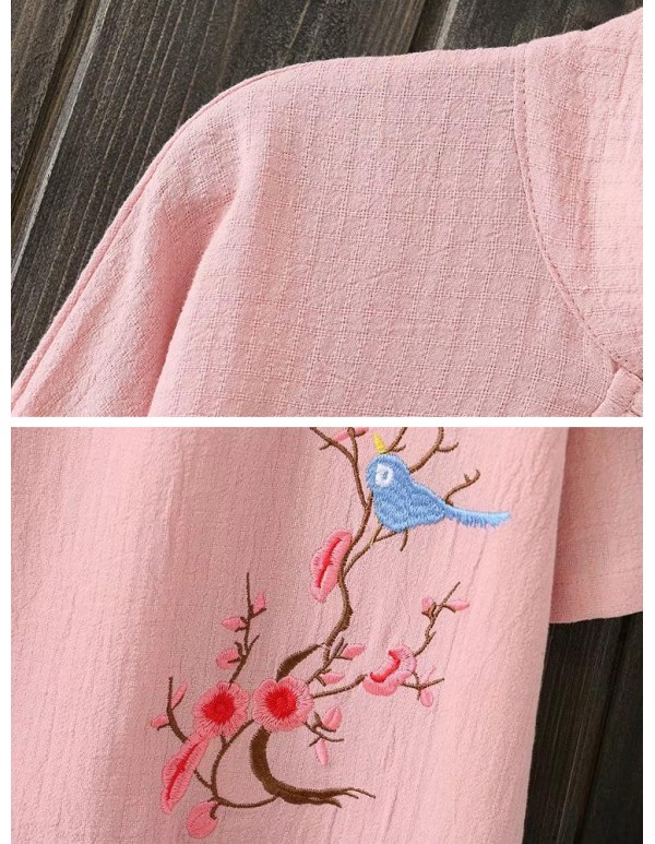 Chinese Style Vintage Crew Neck Frog Button Embroidery Blouse