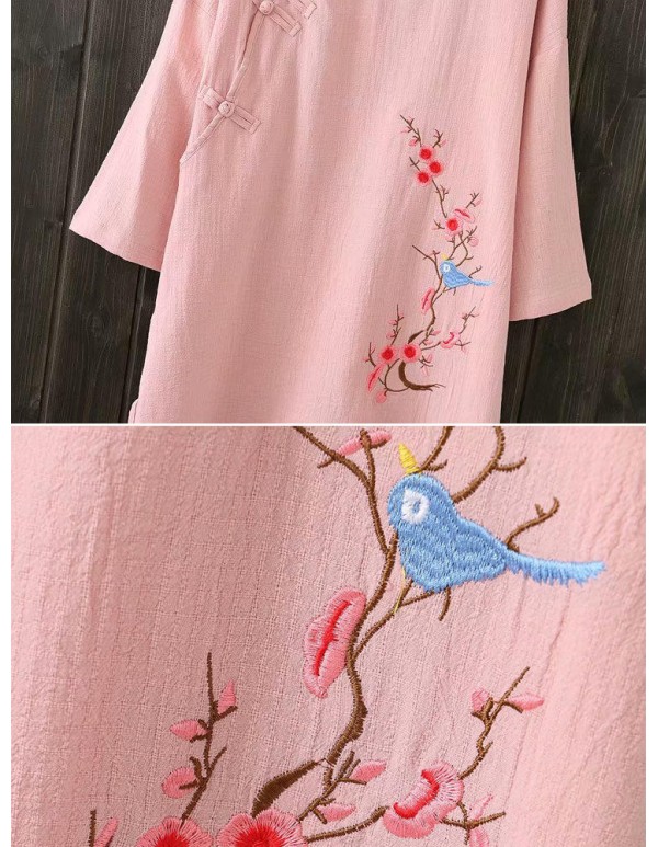 Chinese Style Vintage Crew Neck Frog Button Embroidery Blouse
