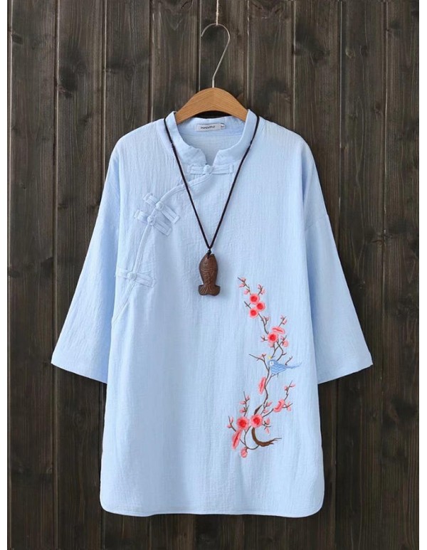Chinese Style Vintage Crew Neck Frog Button Embroidery Blouse