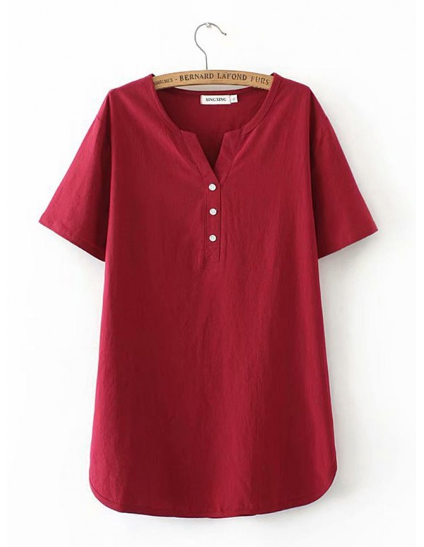 Women Brief V-neck Short Sleeves Solid Color Blouse