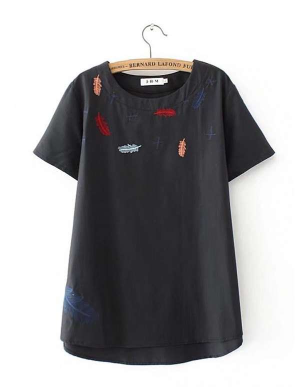 Plus Size Women Feather Embroidery Short Sleeves Blouse