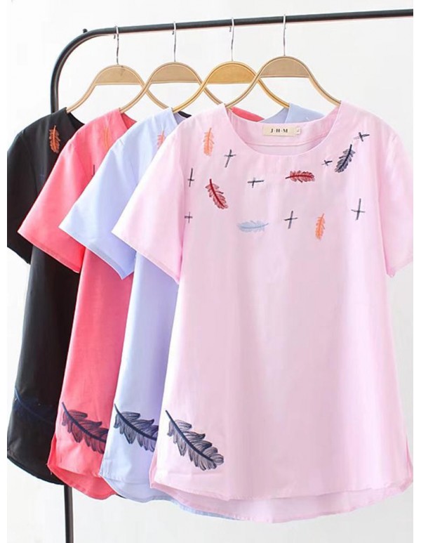 Plus Size Women Feather Embroidery Short Sleeves Blouse