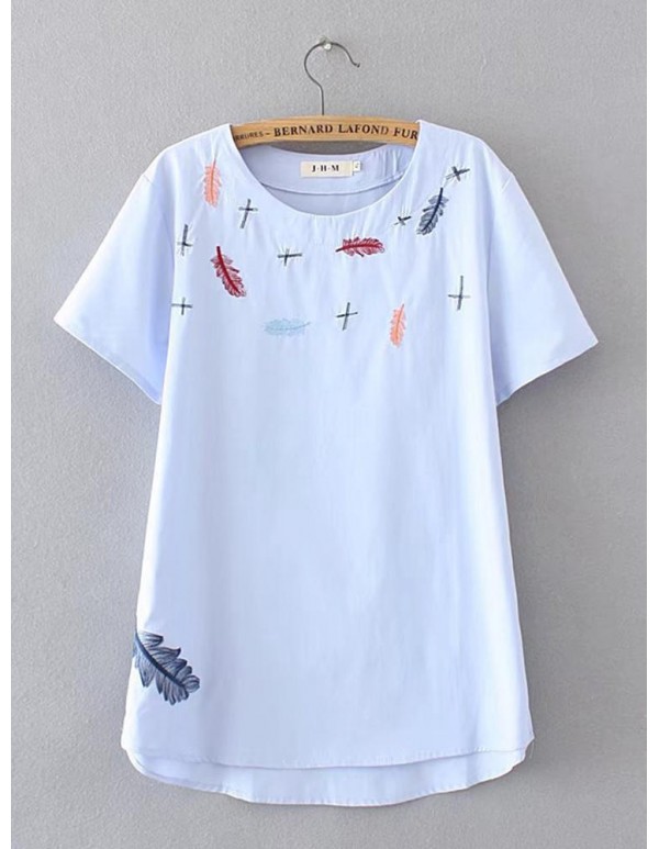 Plus Size Women Feather Embroidery Short Sleeves Blouse