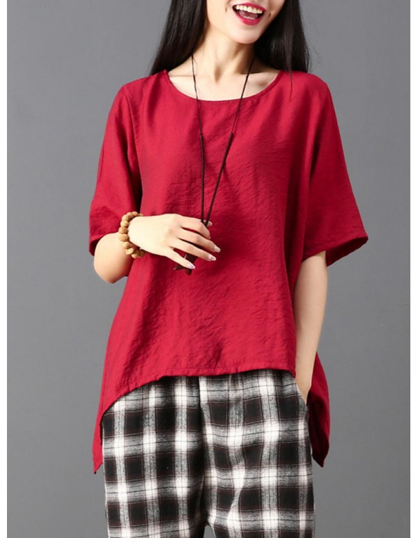 Plus Size Women Irregular Hem Pure Color Loose Blouse
