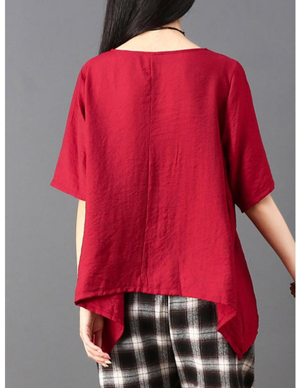 Plus Size Women Irregular Hem Pure Color Loose Blouse