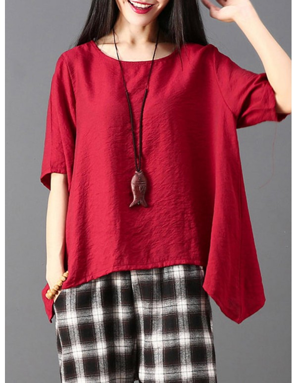 Plus Size Women Irregular Hem Pure Color Loose Blouse