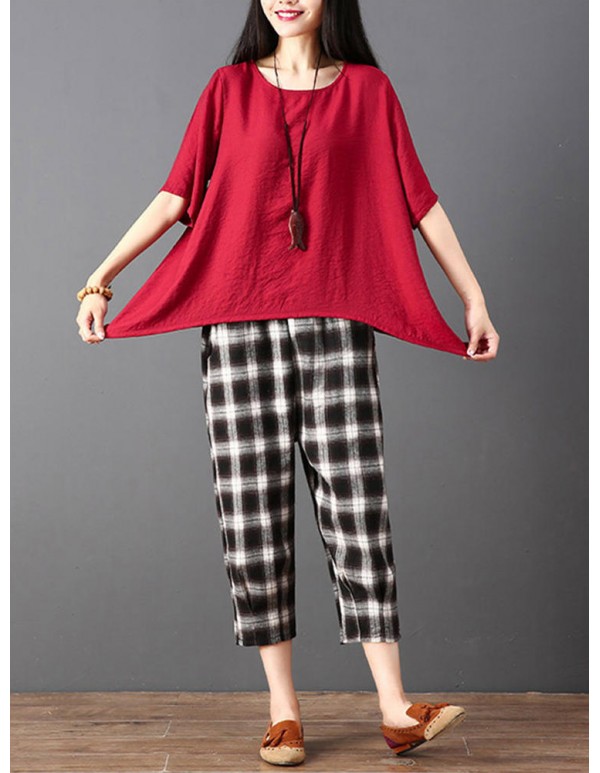 Plus Size Women Irregular Hem Pure Color Loose Blouse