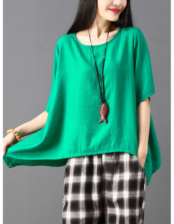 Plus Size Women Irregular Hem Pure Color Loose Blouse