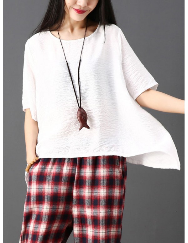 Plus Size Women Irregular Hem Pure Color Loose Blouse